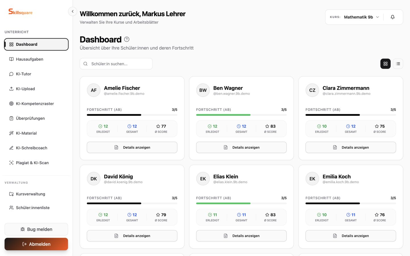 Lehrkraft-Dashboard mit der Lernstandsübersicht einer Mathematikklasse.